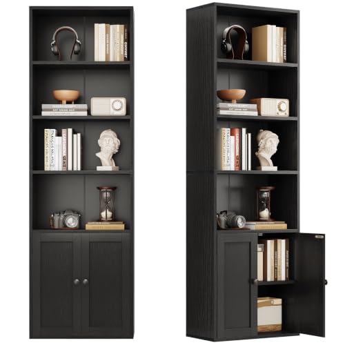 Image of Coleshome 6-Tier Bookcase with Doors and Cabinet, Bookshelf Floor Standing Display Storage Shelf, Bookcases for Home, Office, Living Room, Bedroom, Black, 48 x 24 x 176.4
