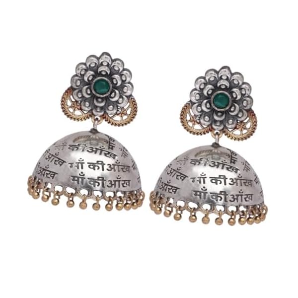 JWELLA Antique Silver Engraved Jhumka Earrings with Green Stone Accents