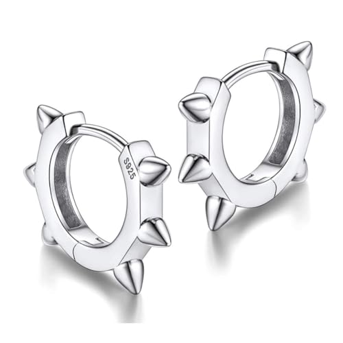 Spike Punk White Gold Rhodium Solid 925 Sterling Silver Post Small Spiked Thorn Hoop Earrings for Men Women Huggie Hoops Earrings, Nickel-Free, Hypoallergenic Jewelry, by Street Knitted - Used condition - US$10.24