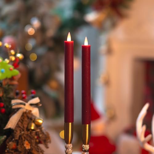 CozierGlow Burgundy Flameless Taper Candles with Remote & Timer -Leather-Textured Real Wax, 3D...
