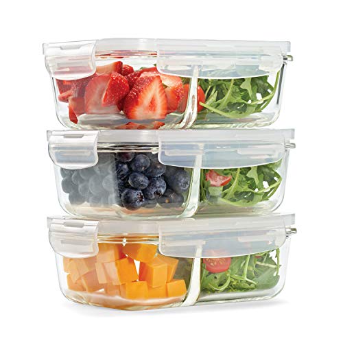 Fit & Fresh Divided Glass Containers, 3-Pack, Two Compartments, Set of 3 Containers with Locking Lids, Glass Storage, Meal Prep Containers with Airtight Seal