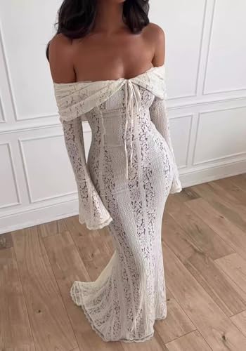 Women Elegant Off Shoulder Lace Bodycon Maxi Dress Bell Sleeve Mesh Sheer Mermaid Wedding Party Dress4