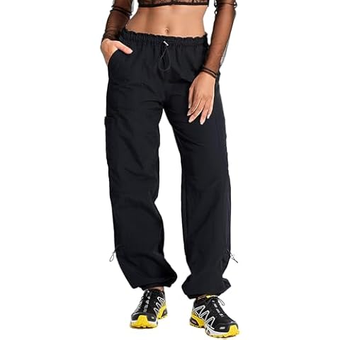 DISCIPBUSH Lightweight Cargo Pants Women - Parachute Pants for Women Y2K Pants for Girls' Fashion with Pockets Black M Cover