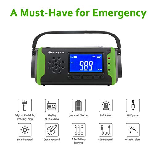 Emergency NOAA Weather Crank Solar Powered Portable Radio with 4000mAh Battery Power for Cell Phone, Bright Flashlight for Household Emergency and Outdoor Survival (097-Green)