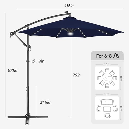 Image of Solar Offset Patio Umbrella - 10 FT Solar Cantilever Umbrella Outdoor with 40 LED Lights and Cross Base, UV Protection for Garden, Deck, Backyard, Pool, Porch, Navy Bluery