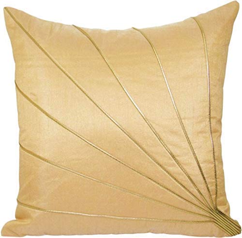 Image of Beige Golden Striped Polyester Cushion Covers for Sofa, Bedroom & Living Room | Decorative Throw Pillow Covers (Beige Golden, 16 x 16 Inch, Set of 5)