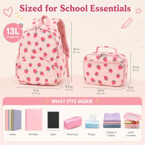Image of LOIDOU Kids Backpack with Lunch Box Set, Toddler Preschool Boy Backpack with Chest Strap Kindergarten Backpack LunchBox Combo (Strawberry)