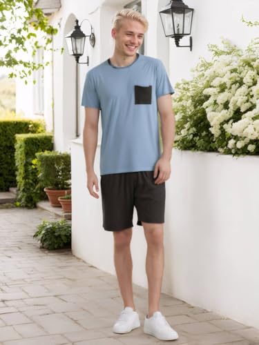 Qianxiu Men's 100% Cotton Pajama Set Mens Round neck Pjs Set For Men Classic Short Sleeve Sleepwear For Loose Casual pyjamas2