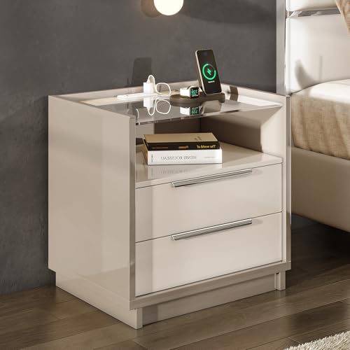 Image of AMERLIFE 23.6 inch Nightstand, High Gloss End Table with Glass Tabletop, Modern Bedside Table with Charging Station, 2 Drawers Nightstand for Bedroom, Cream & Gray