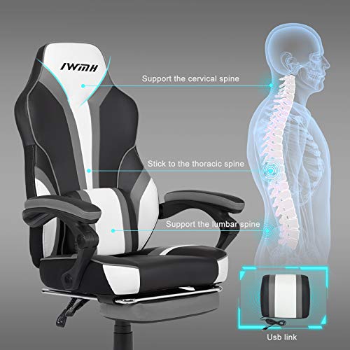 Sedia da Gioco da Corsa Sportiva, Ergonomica da Ufficio Con Schienale Alto, Cuscino Lombare Messaggiante, Girevole Con Poggiapiedi (Grigio) - Sedia gaming - Immagine 5