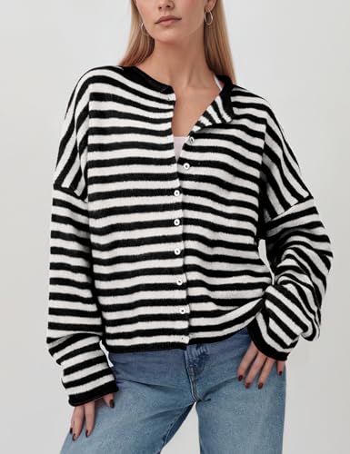 Women Casual Striped Cardigan Button Front Knit Shirt Cover Up Lightweight Summer Beach Fall Open Front Sweater3