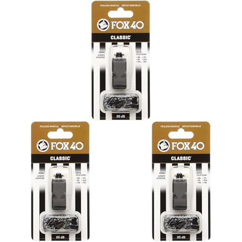 Fox 40 Classic Official Whistle with Break Away Lanyard (Black) (Pack of 3)