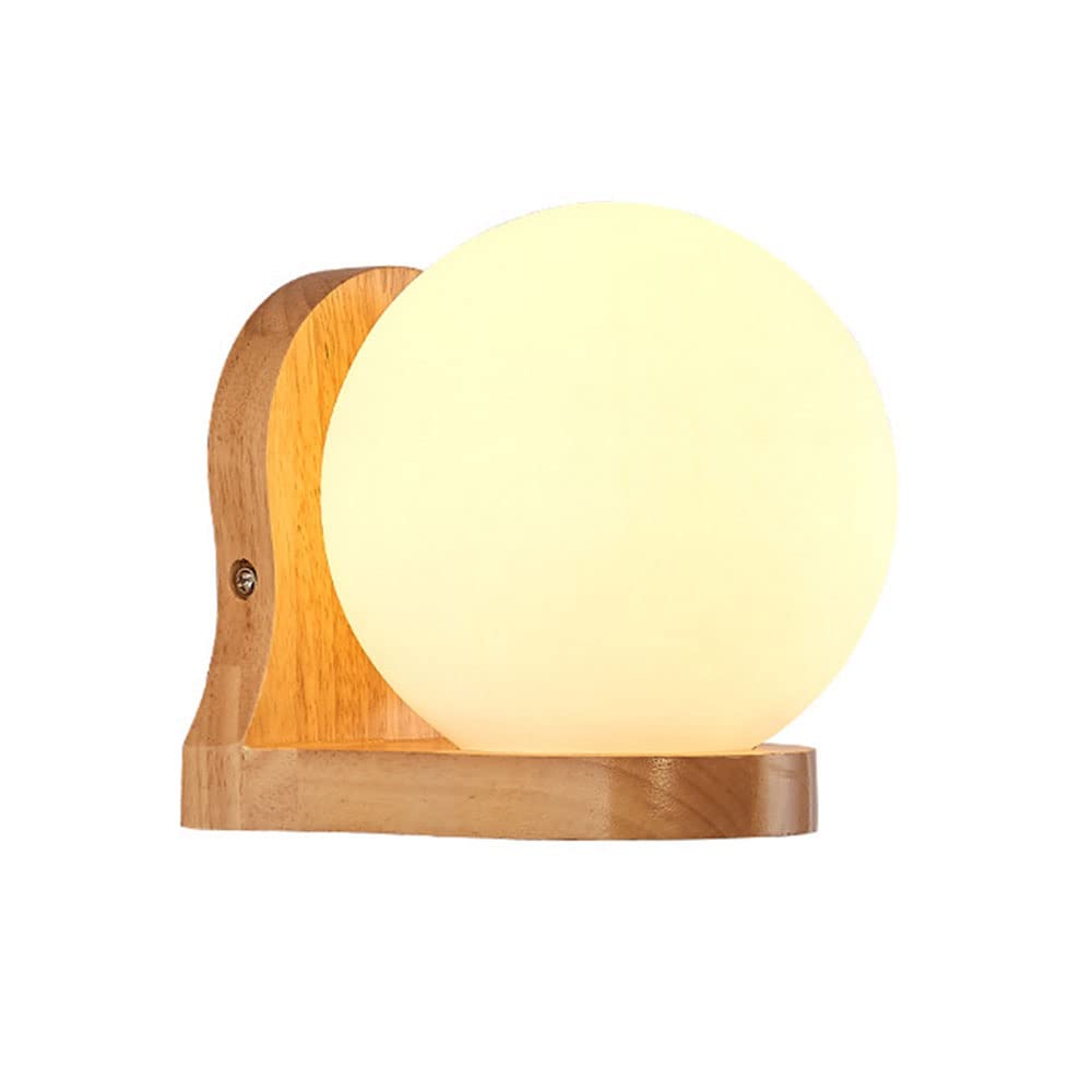 TCHAU 1-Light Nordic Wood Arm Wall Mounted Lamps LED Creative Simple White Glass Shade Wall Sconces Japanese Home Ball Wall Light Fixture Bedroom Stairs Bedside Wall Lamp