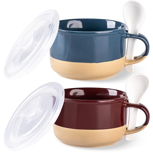 GBHOME Tazas de cerámica para sopa con asas y tapa, 24 onzas Juego de 2 tazas con fondo de terracota, tazas con cuchara para soup/cereal/salad/noodles/ramen/microware y lavaplatos, azul y rojo