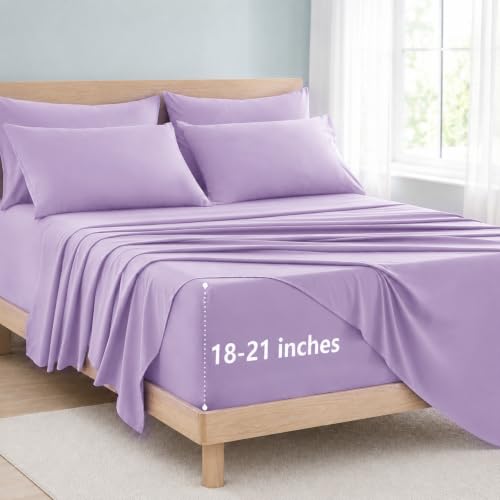Image of CozyLux 6-Piece King Size Sheet Set, Fits 18-21 Inch Mattresses, Oeko-TEX | 4 Pillowcases, 1 Flat Sheet and 1 Fitted Sheet with All-Around Elastic and 21-Inch Deep Pocket for a Secure Fit, Lavender
