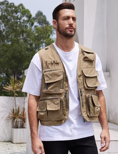 Image of Yimoon Men's Utility Fishing Vest Summer Lightweight Safari Travel Cargo Vest Outdoor Work Vests Multi Pockets