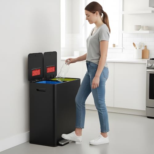 Image of iTouchless 16 Gallon / 60L Dual Kitchen Trash Can & Recycle Bin, 2x8 Gal Removable Buckets, Soft-Close Stainless Steel Step Pedal, Fingerprint-Resistant, AbsorbX Odor Filter - Matte Black