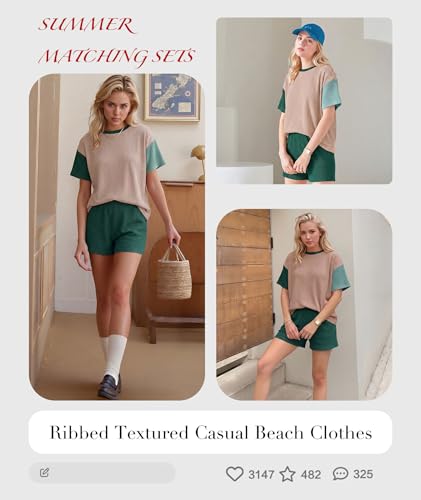 Image of MARZXIN Women 2 Piece Shorts Set 2026 Casual Summer Cruise Outfits Ribbed Loose Short Sleeve Pocket Matching Lounge Sets