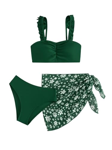 SHENHE Girl's 3 Piece Cute Ruffle Trim Triangle Bikini Swimsuit with Beach Cover Up