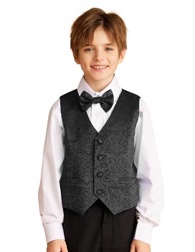 GRACE KARIN Chaleco de cuello en V para chicos con pajarita de un solo pecho Jacquard Chaleco, Negro , 10 años