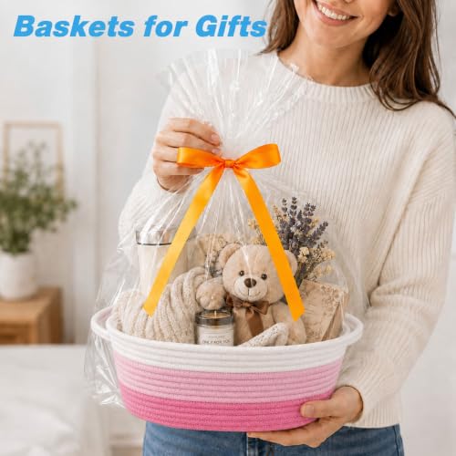 Image of Empty Gift Basket with Gift Bag & Ribbon, Woven Rope Basket, 12x8x5 inch