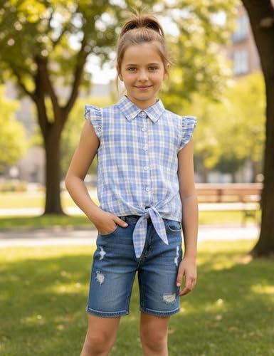 Image of Girls Sleeveless Plaid Button Down Shirt Summer Crop Tops Tie Knot Ruffle Sleeve Shirt Blouse 3-12Y