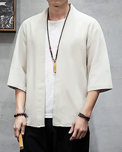 Image of Men's Japanese Kimono Cardigan Loose Cotton Linen 3 /4 Sleeve Open Front Casual Summer Shirt Jackets