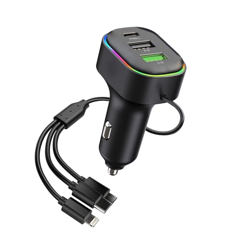 Image of Humble 3-Port Car Charger with Built-in 3 in 1 Charging Cable (Lightning /Type-C /Micro USB) PD Type-C & Dual USB-A 3.1A Works Compatible with iPhone, iPad, Samsung, Oneplus, Tablets & Other Devices