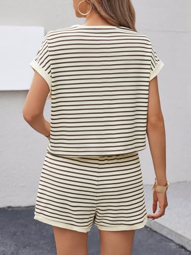 Image of Tankaneo Womens Summer 2 Piece Sets Striped Short Sleeve T Shirts and Shorts Loungewear Matching Set
