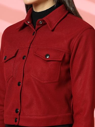 Image of CHKOKKO Solid Crop Jackets for Women stylish latest Long Sleeve Stylish Winter Shirt Jacket Casual Outerwear for Office