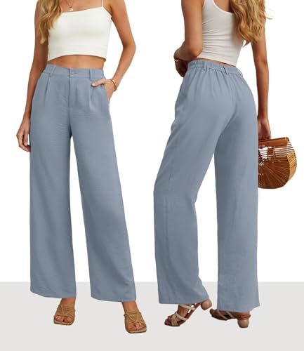 Image of Feiersi Womens Casual Wide Leg Pants High Waisted Button Down Straight Long Trousers Palazzo Pants
