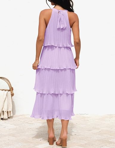 Image of ZESICA Women's 2026 Summer Sleeveless Halter Neck Ruffle Tiered Layered Chiffon Flowy Swing Long Midi Dress