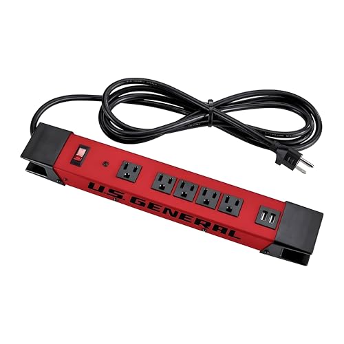 U.S. GENERAL Multitoma robusto de 5 tomas con 2 puertos USB y cable con tierra de 8 pies (rojo) miniatura 1