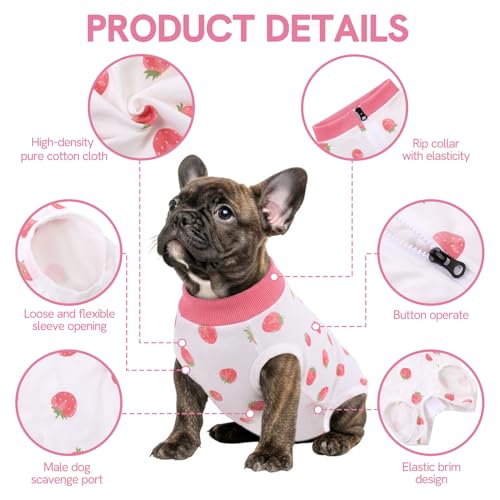 Image of SAWMONG Recovery Suit for Dogs Female Male Zipper, Pink Strawberry Dog Onesie Body Suit After Surgery Spay Neuter, Cotton Breathable Dog Surgical Suit Pet, Substitute Dog E-Collar Cone, XS