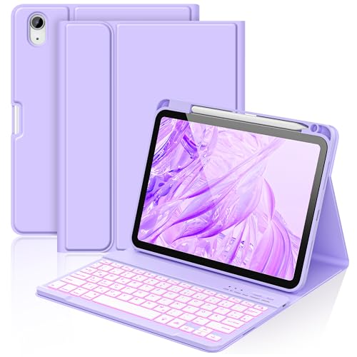 aMZCaSE Coque pour iPad A16 10/11e génération avec clavier 11/10,9" (2025/2022), rétroéclairage 7 couleurs, clavier sans fil amovible, avec porte-stylo pour nouvel iPad 11ème génération (violet clair)