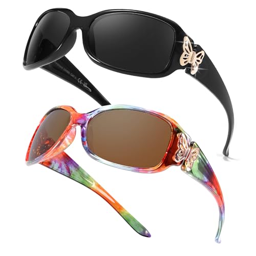 Myiaur Lot de 2 lunettes de soleil polarisées pour femme - Protection UV400 - Design enveloppant - Détails papillons tendance pour la conduite et la mode,...