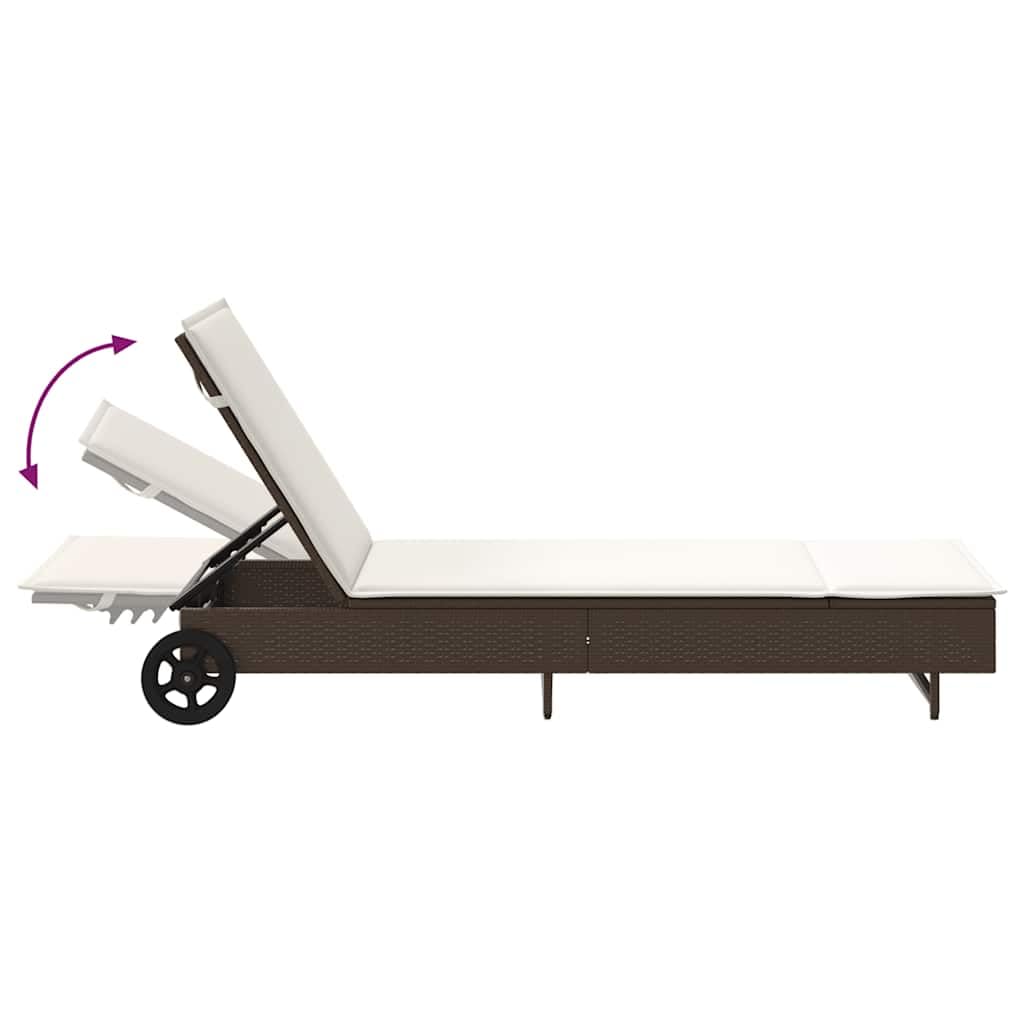 Lettino Prendisole con Ruote e Cuscino in Polyrattan Marrone, Sdraio da Esterno con Schienale Regolabile 3 Posizioni, Poltrona Relax con Ruote per Piscina Giardino Balcone, Portata 110 Acqua e UV
