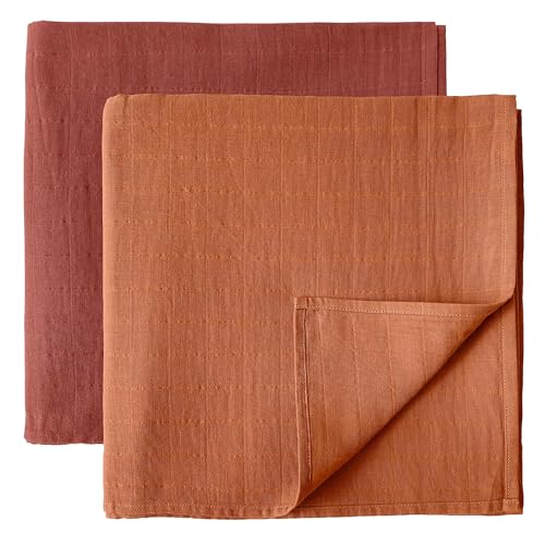 Image of MOZAH Organic Muslin Swaddle - Set of 2 Large 100% Organic Cotton Blanket - Baby Nursery Essentials - Neutral Baby Swaddle in Rust Red and Ochre