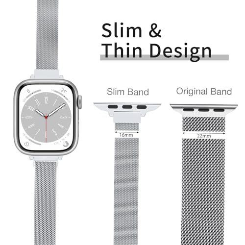 Image of Compatible with Apple Watch Band, Stainless Steel Slim & Thin Mesh Magnetic Clasp Strap Women and Girl Replacement Band for iWatch Series SE 6 5 4 3 2 1 (38mm /40mm /41mm, Silver)