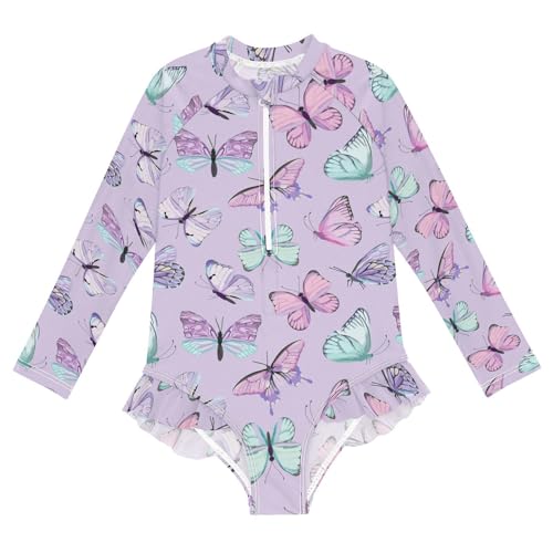 Girls Swimsuits Long Sleeve Bathing Suits Butterfly UPF 50+ Sun Protection Swimwear 3-12 Years