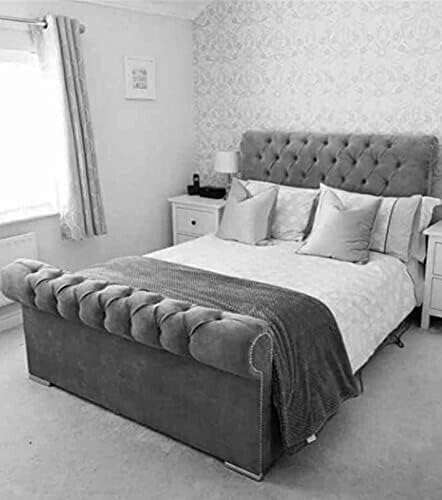 Double Sleigh Beds Innovative Chesterfield Royal Sleigh Bed Frame – Upholstered in Plush Velvet with Mattress/Gas Lift Option – UK Made (Grey Plush, Double 4ft6 Bed Frame)