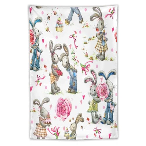 40"X60" Wall Hanging, Bedding Tapestry Throw Bedspread for Home, Curtain Wall Art Decor Dorm Beach Coverlet Tapestries Print Cute Bunny Rabbit Pink Rose on White for Valentine Day