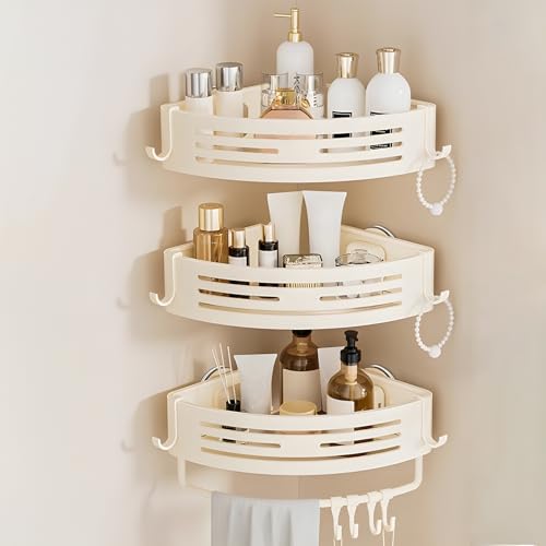 Reelyo 吸盤 浴室用ラック バスラック 浮かせる収納 水切り 防水と防錆 フック/タオルバー付き バスルーム/お風呂/洗面所/キッチンに おもちゃ シャンプー 収納 (三角形, 3段)