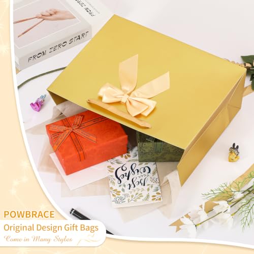 Image of Powbrace 13 inch Gold Bags with Handles, Birthday Gift Bag Set - 1 Gift Bag with Bow, 2 Tissues & Greeting Card for Men Women,Gift Bags Medium size(1 PCS Gold Glossy)