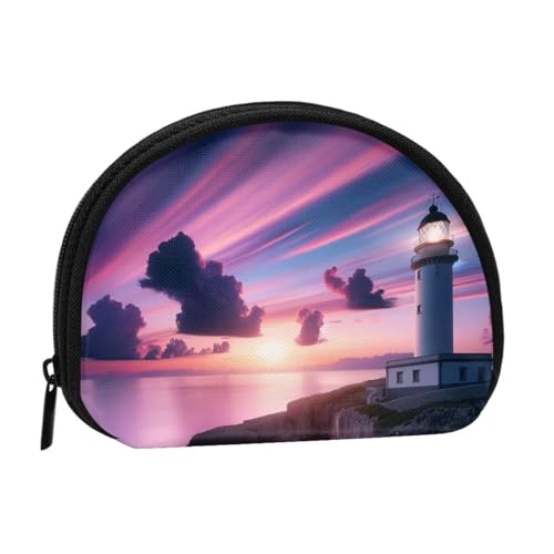 Portable Coin Purse Sunset-Lighthouse-Ocean-Sea Mini Zippered Money Pouch Card Holder