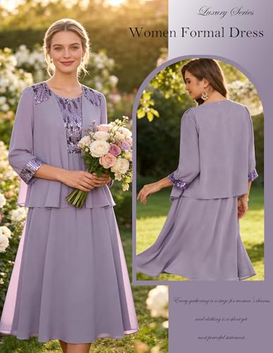 Image of GRACE KARIN Formal Wedding Guest Dress Sequin Mother of The Bride Dresses | Two Piece,3 /4 Sleeve,Tea Length,Crew Neck,Fit and Flare,Chiffon,Suitable for Spring /Summer /Fall /Winter /Cocktail /Party /Prom