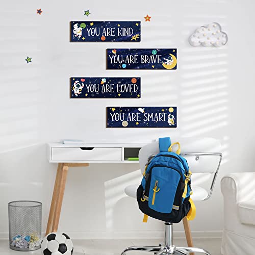 Yookeer 4 Pcs Space Room Decor for Kids Boys Outer Space Wall Art Bedroom Decor for Nursery Classroom Astronaut Galaxy Posters Spaceman Wood Sign Be Brave and Be Kind for Baby Boy(You)