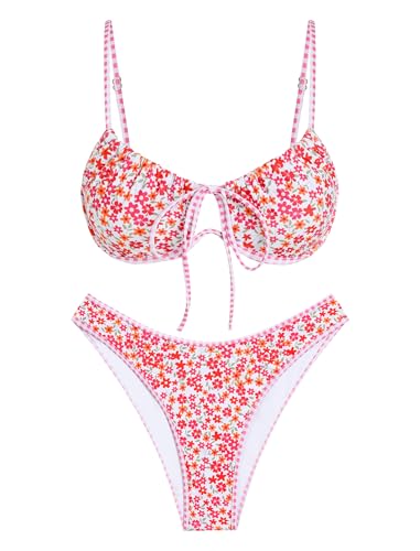 Image of ZAFUL Women High Cut Bikini Sets String Sexy Swimsuit Two Piece Underwire Bathing Suit Brazilian Cheeky Cut Out Cute Swimwear
