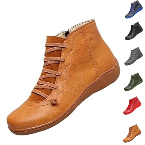 Ankle Boots for Women 2025, Vintage Casual Retro Short Booties with Arch Support, No Heel Lace-Up Side Zipper Flat Shoes, Comfortable Slip-On Leather Boots for Fall Spring Winter