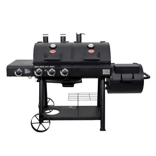 Char-Griller® Texas Trio 3-Burner Gas & Charcoal Grill and Smoker, Push Button to Ignite, Dual temperature Guages, Side Burner, Includes Side Firebox, 1,390 Cooking Square Inches, Black, Model# 3070